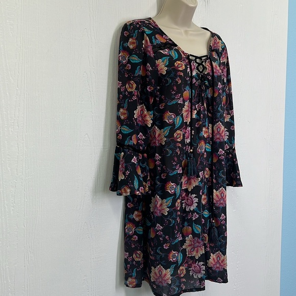 Nanette Lepore - Bright Floral Viscose Lace Up Long Sleeve Mini Dress Size Small - Picture 4 of 12